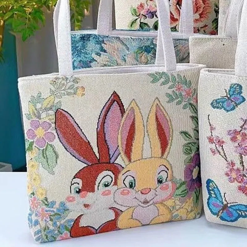 Double-sided gold wire embroidered canvas tote bag showing Bunny design with reinforced base