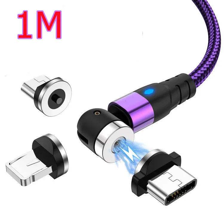 Black magnetic charging cable with LED diamond lamp, showing Android and Type-C magnetic connectors.