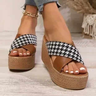 Cross leopard plaid wedge sandals in brown plaid and black pattern options with rubber soles