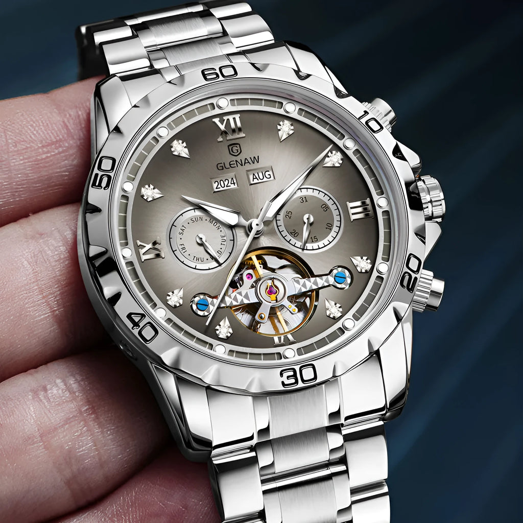 Men's automatic mechanical business watch with stainless steel strap and mineral glass face in multiple colour options