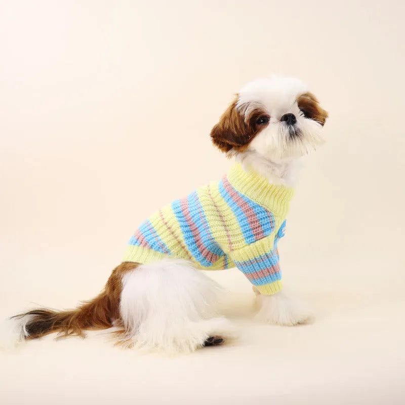 Blue and yellow striped wool dog sweater for small breeds in sizes XS to XXL