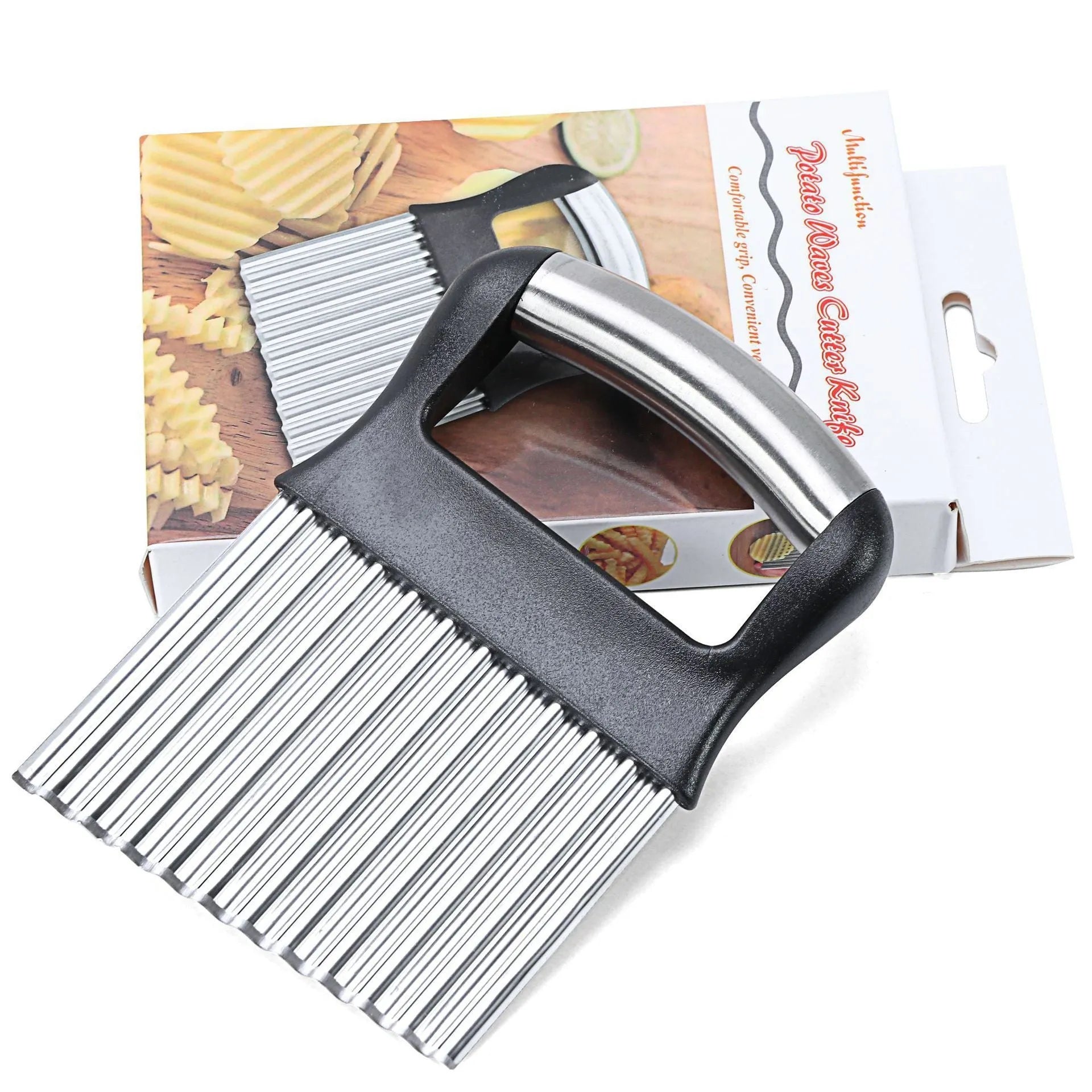 Stainless steel potato wave knife measuring 14x9cm for cutting decorative crisps
