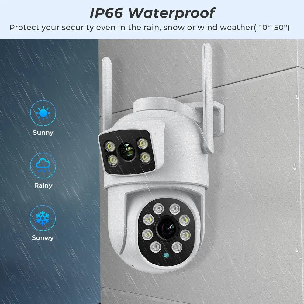 White icsee 600W wireless surveillance camera with dual lens gun ball linkage design and bracket