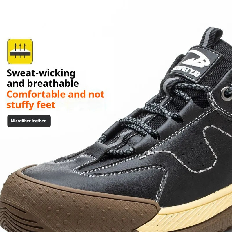 Men's leather work shoes with rubber sole in black colour showing front and side views