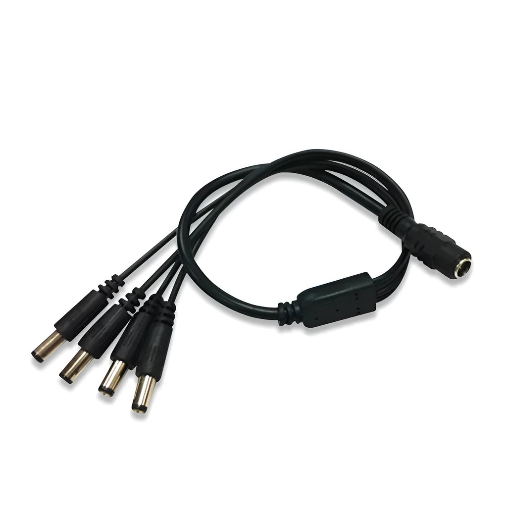 Black 12V DC 4-way power splitter cable with 5.5mm connectors for CCTV camera systems