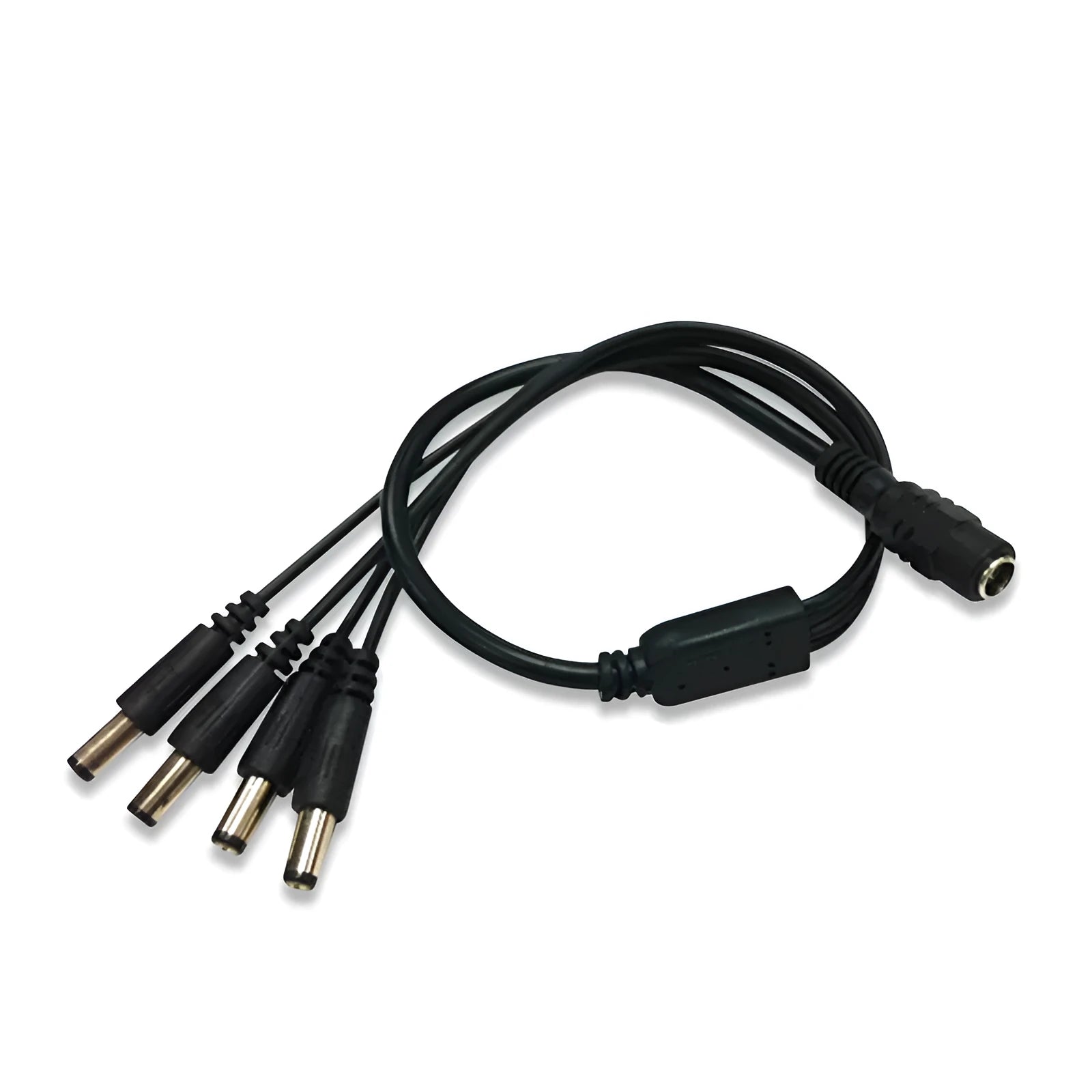 Black 12V DC 4-way power splitter cable with 5.5mm connectors for CCTV camera systems