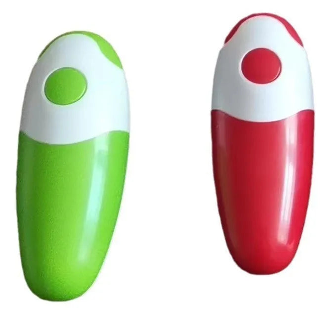 Electric can opener in light green plastic with iron box mechanism, 16x6.5x4.8cm, on kitchen countertop