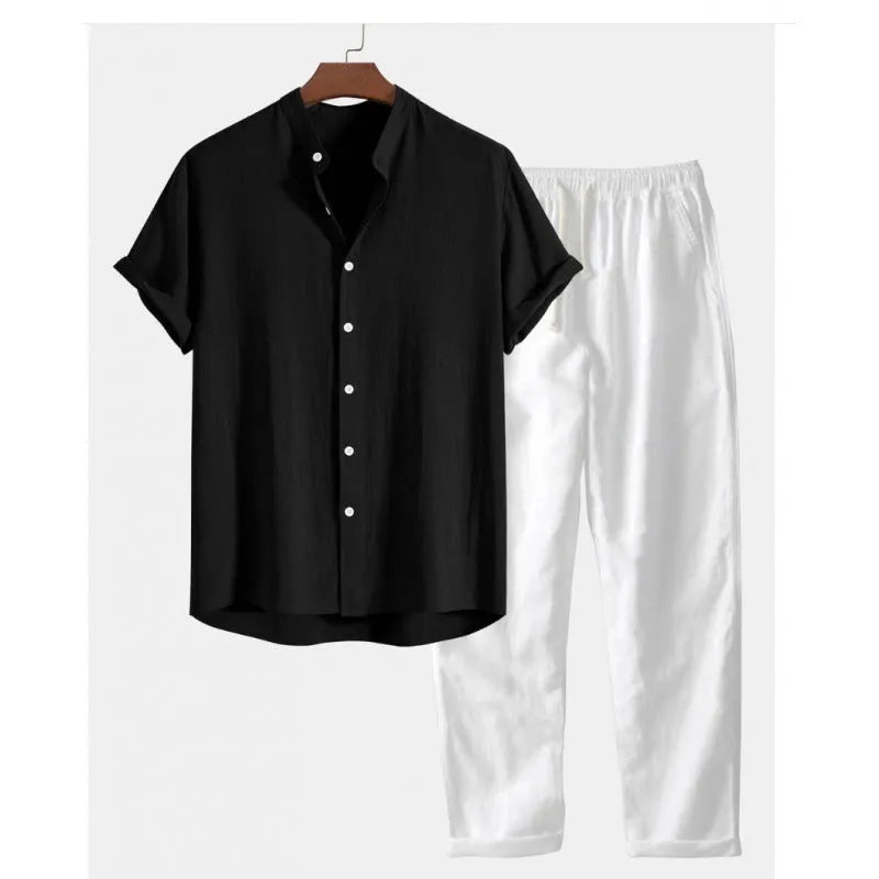 Men's casual loose fit polyester linen shirt and trousers suit in multiple colour options
