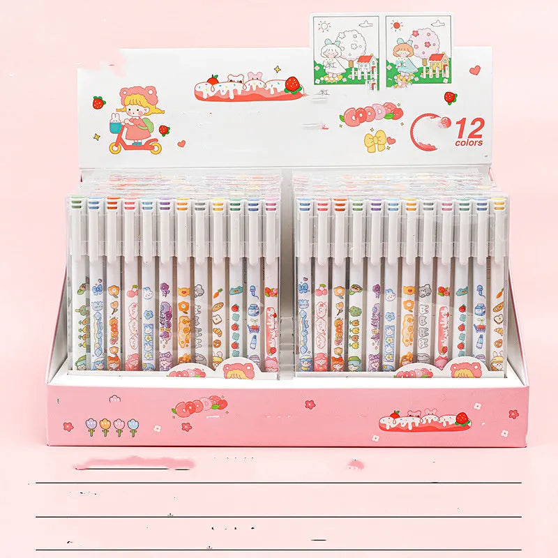 Twelve-color cartoon gel pen set with 0.5mm fine plastic tip in assorted colours.