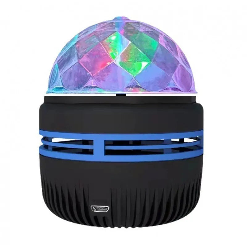 Mini crystal magic ball projector showing starry sky projection effects with USB cable