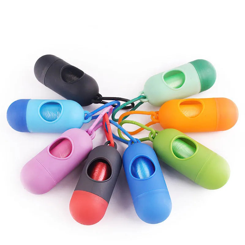 Plastic dog waste bag dispenser holder with a side hook, shown in blue colour