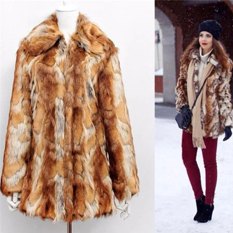 Women's tiger print faux fur jacket in a medium-length street fashion style.