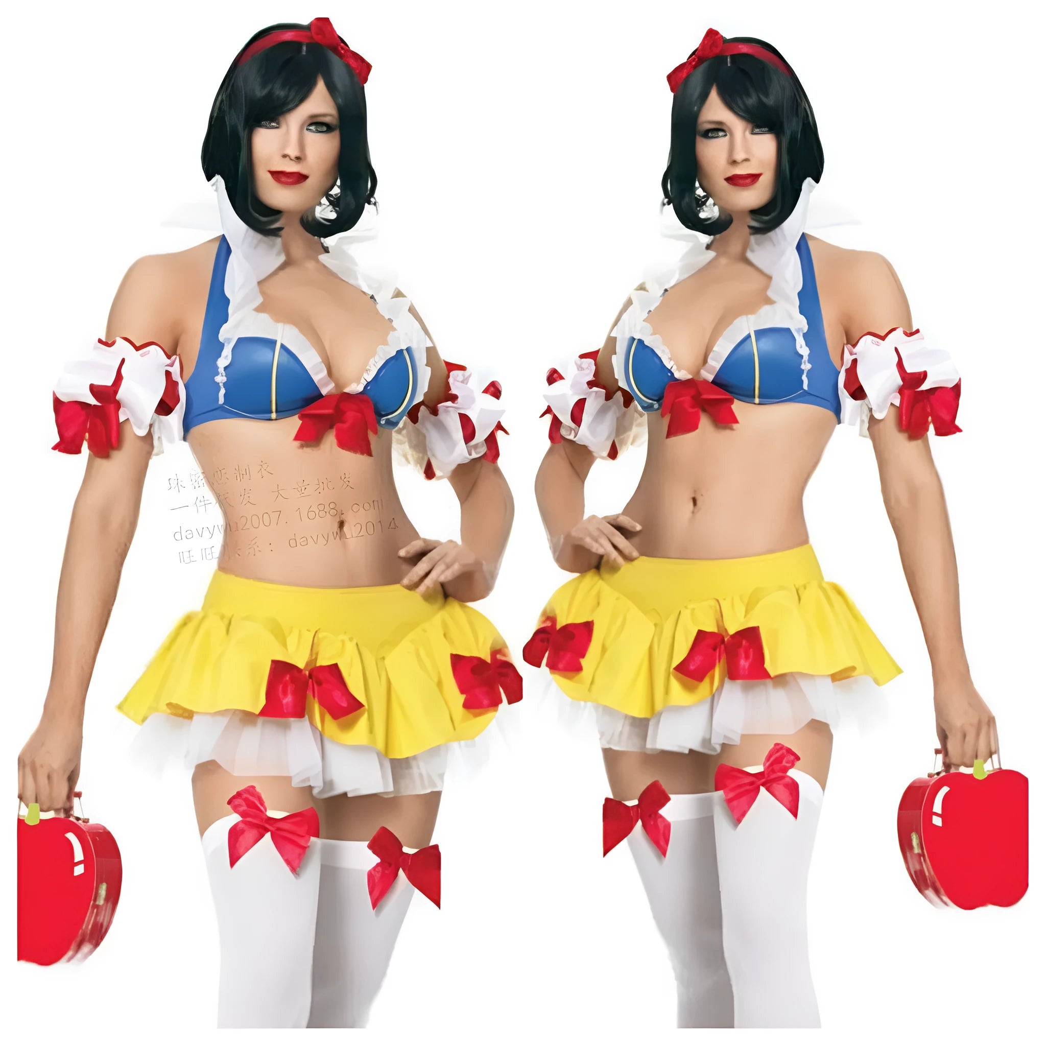 Snow White anime cosplay costume set with headdress, top, skirt, and hand sleeves on a hanger