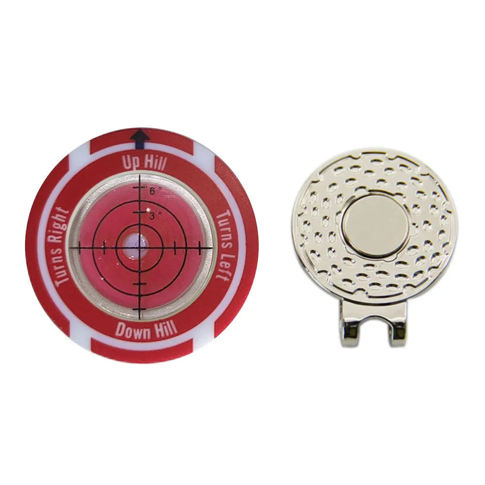 Golf level hat clip with bubble vial and position mark, shown in multiple colour variations.