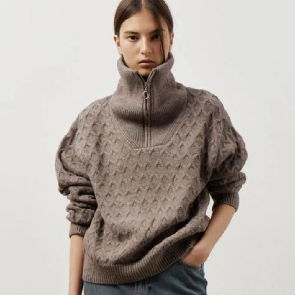 Women's high-neck half zip pullover sweater in apricot with crochet details on front
