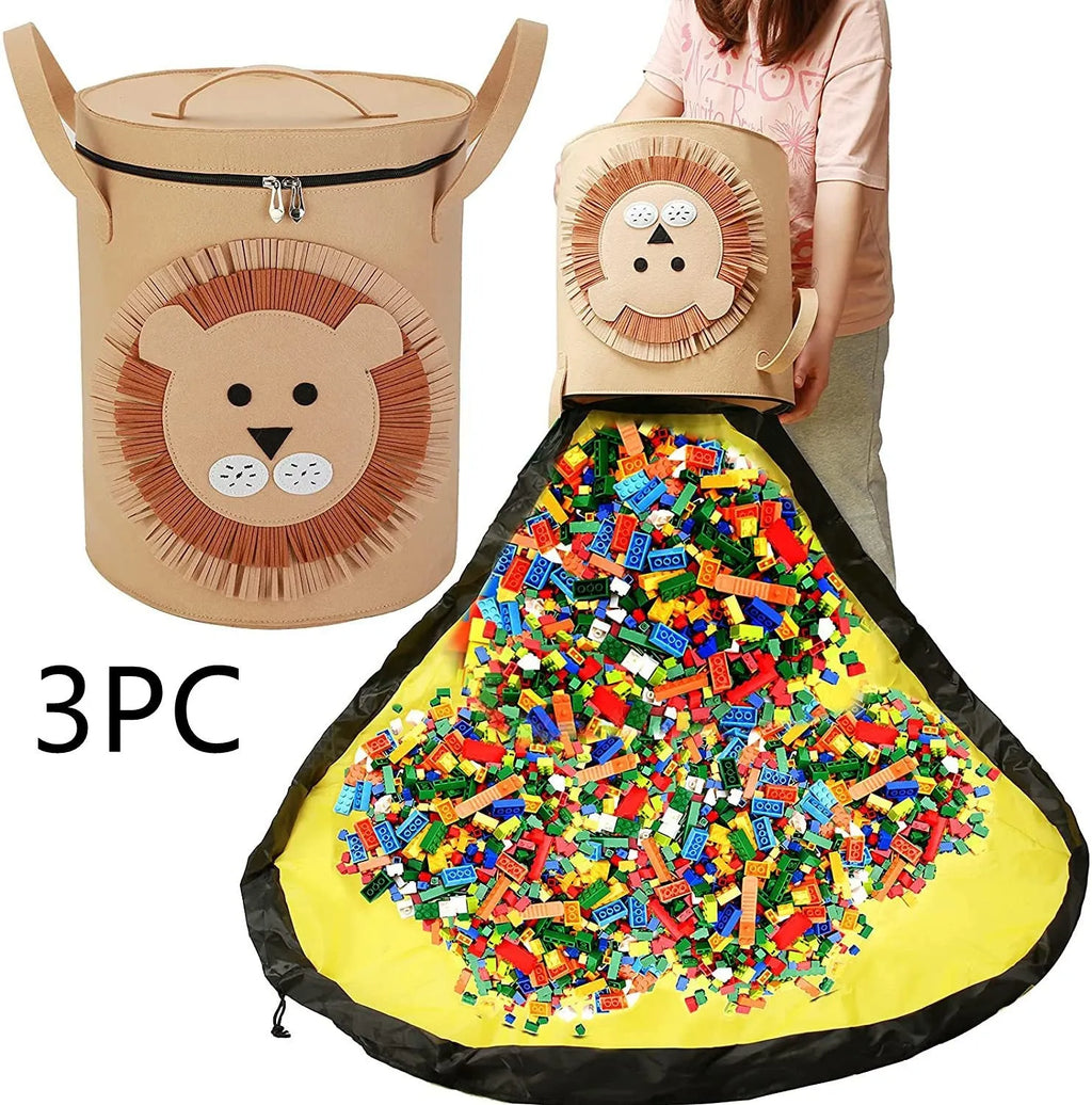 Green felt storage bag cinched closed with pull rope, shown next to it laid flat as a play mat