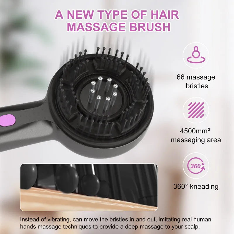 Anti-leak hair brush massage instrument in black with USB charging port and mechanical control buttons