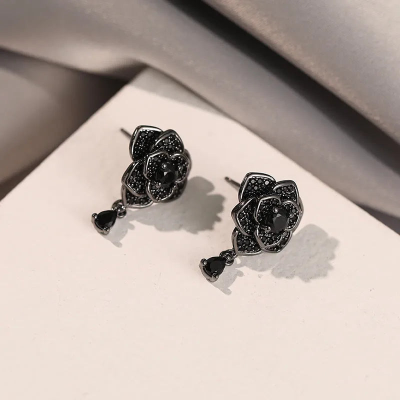 Black rose zircon flower stud earrings with 18K gold plating on copper construction