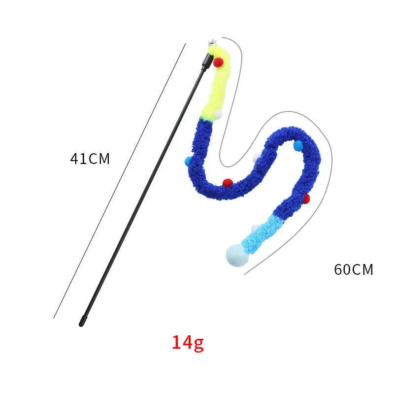 Interactive cat wand toy with colourful fluffy ball and bell on 60cm plush strip