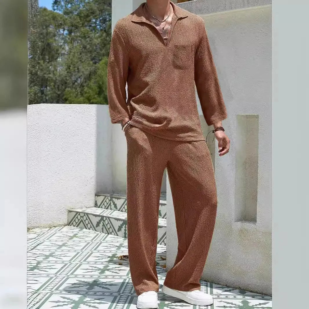 Men's casual polyester shirt trousers suit in black, caramel, khaki or lake blue colours with shirt jacket design