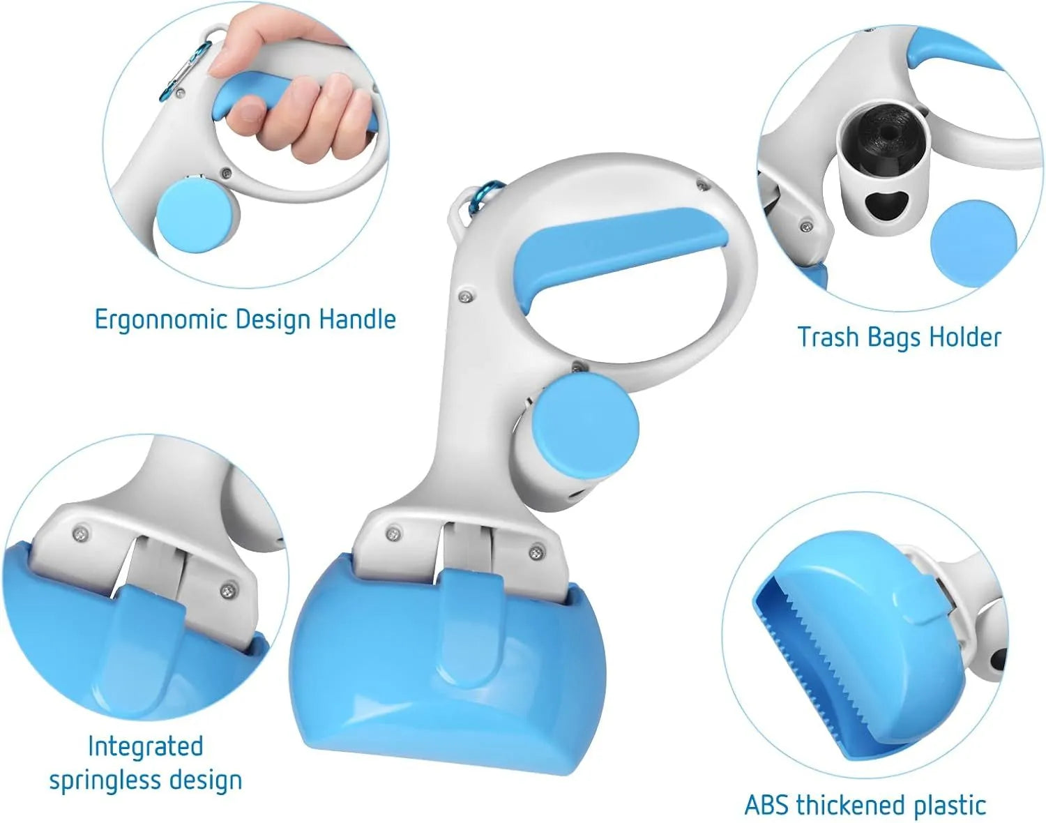 A black ABS plastic pet pooper scooper with an integrated trash bag holder and a top hook.