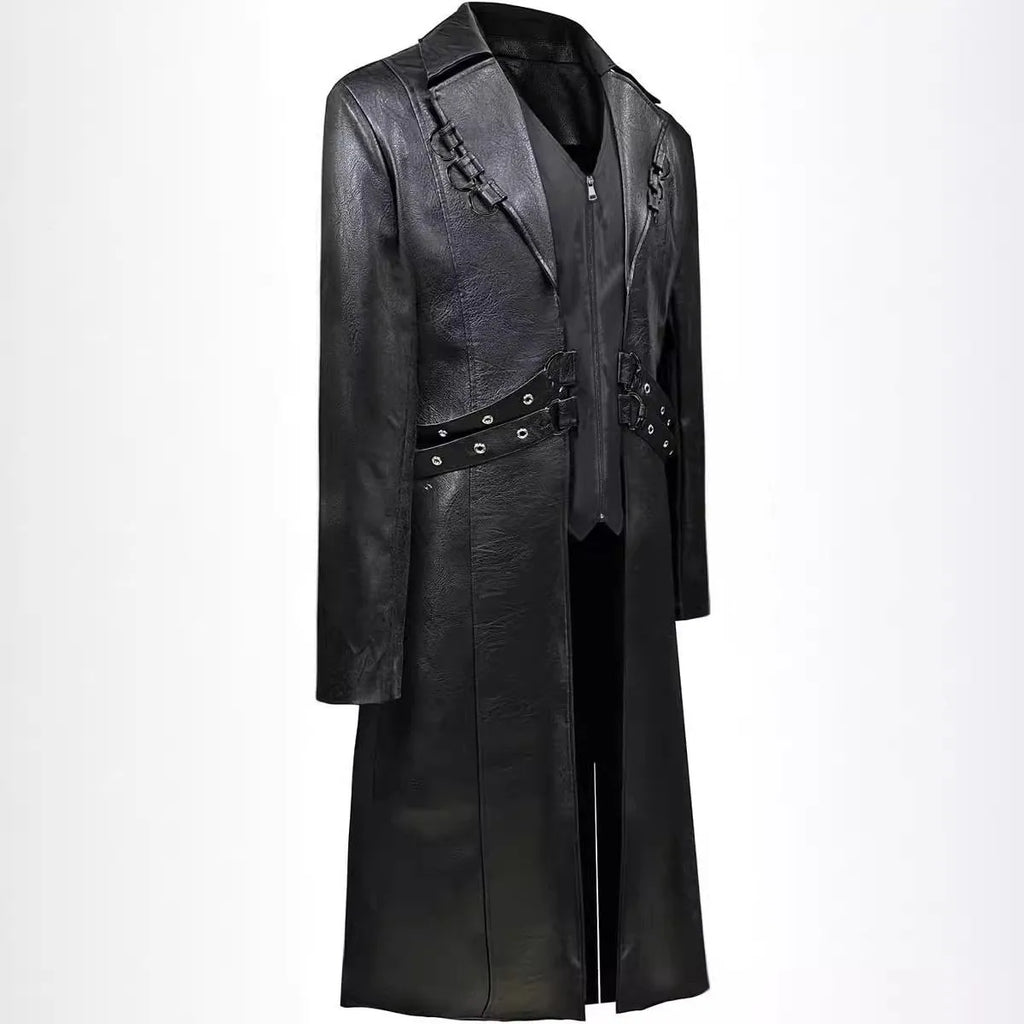 Mid-length PU leather trench coat in Black, retro design, full front view