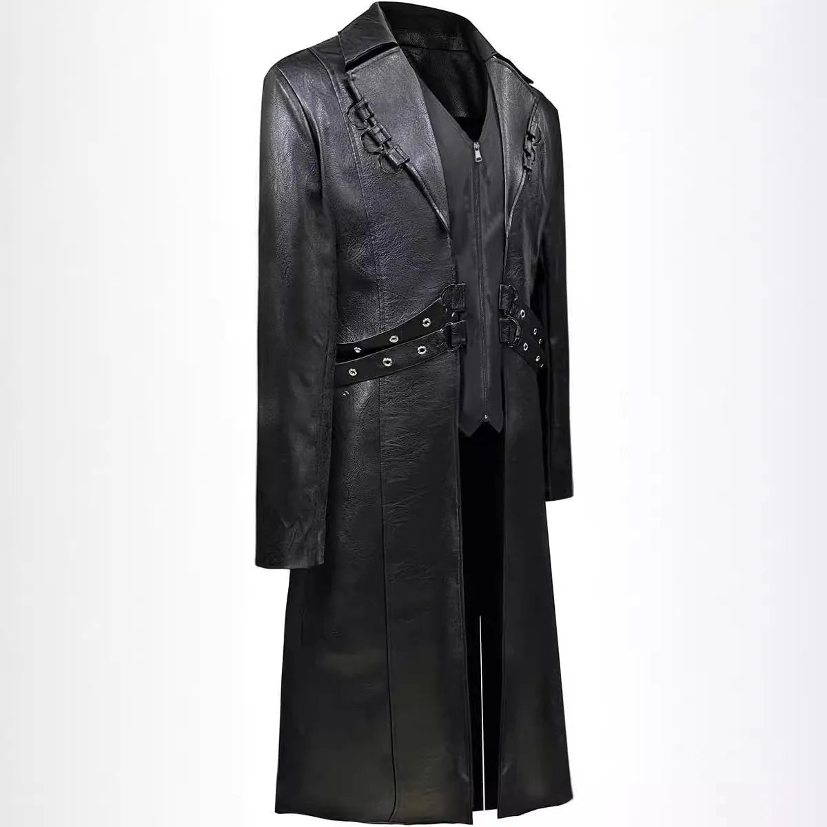 Mid-length PU leather trench coat in Black, retro design, full front view