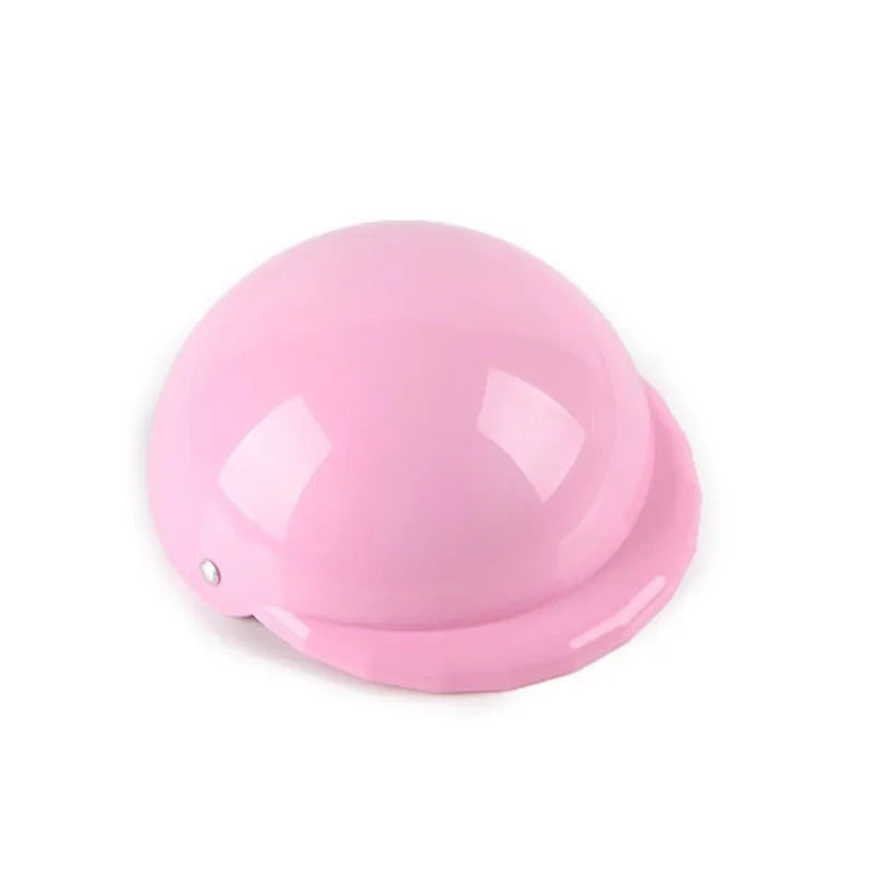 Plastic dog motorcycle-style helmet cap shown in multiple colours and sizes for small, medium, and large dogs.