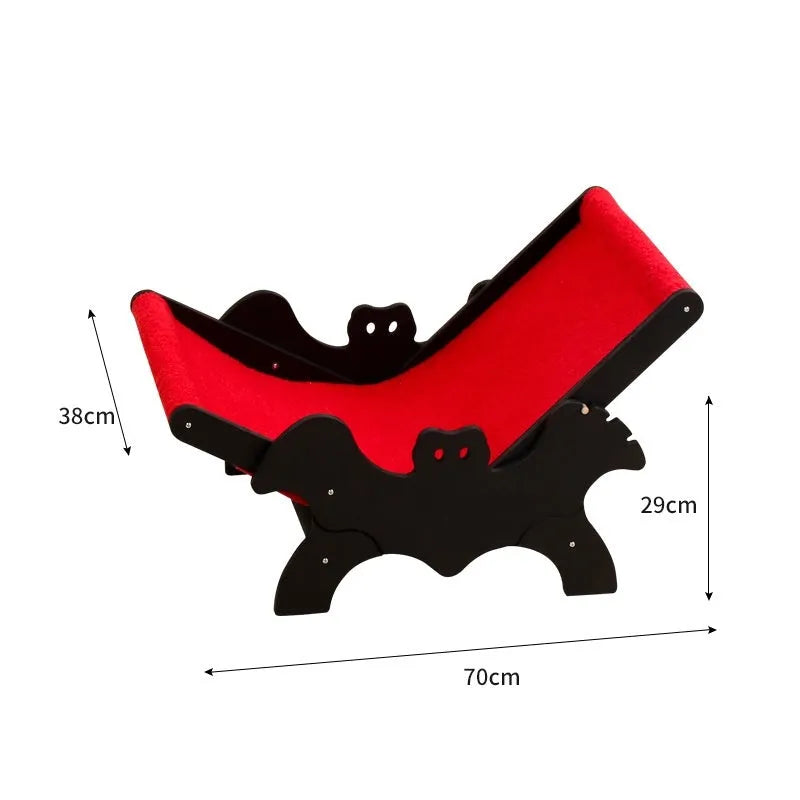 Wooden cat lounge chair with scratching posts and cage enclosure featuring a Halloween bat design in black and red.