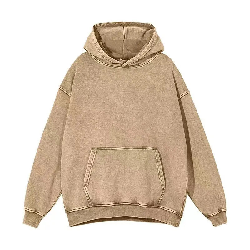 Men's retro washed loose fit cotton batik drop-shoulder pullover sweater in washing hooded brown on white background