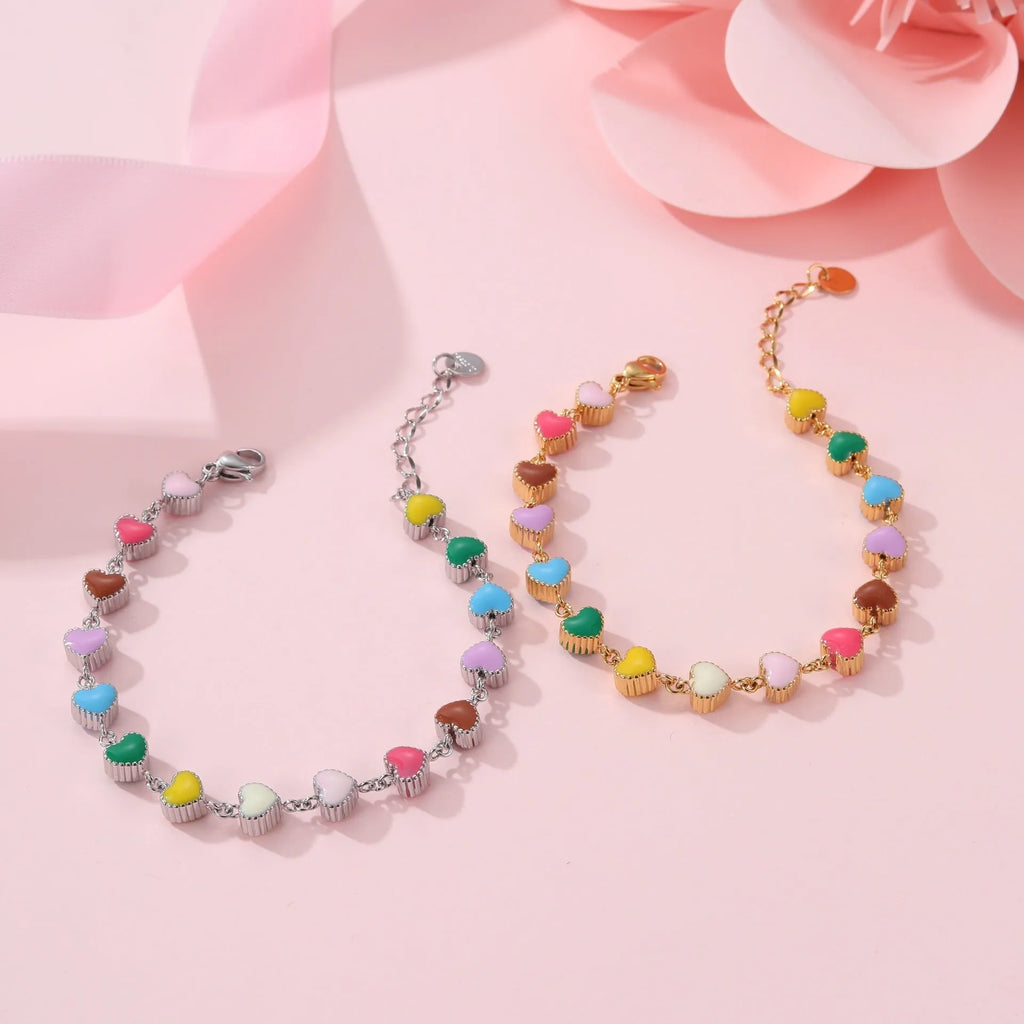 Women's heart-shaped stainless steel bracelet with colourful oil necklace element in gold electroplated finish