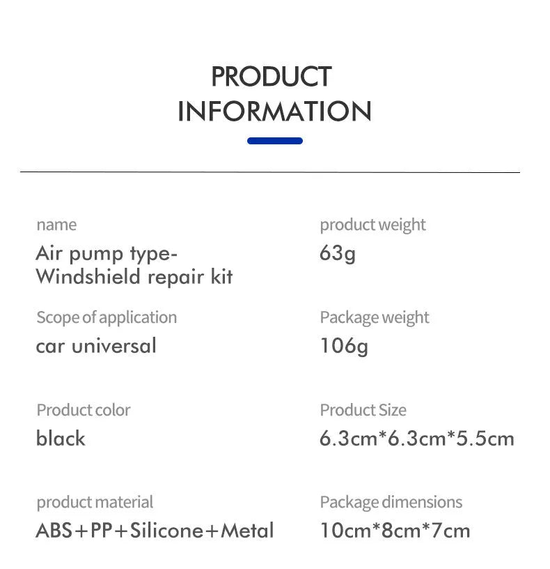 Car windshield repair kit with plastic crack and point repair tools for automotive glass damage