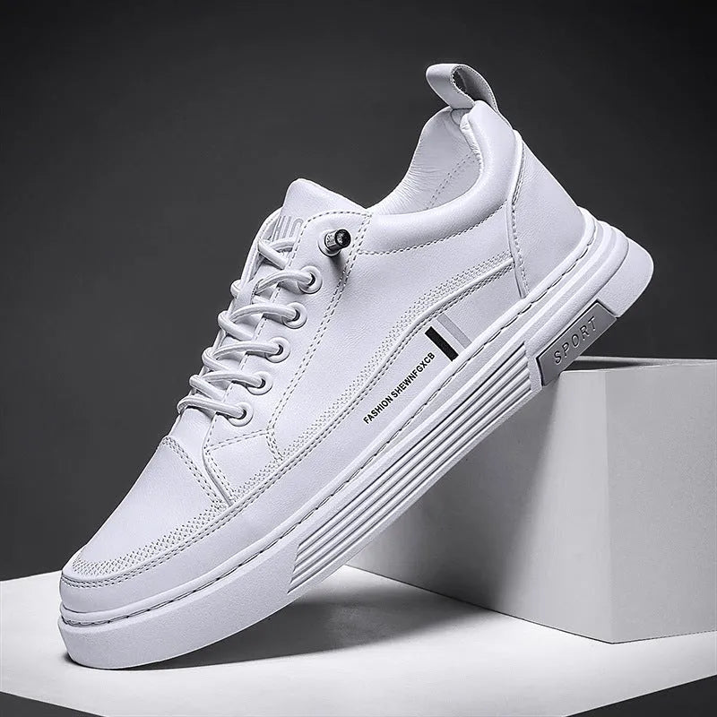 Men's white low-top skateboard shoes with elastic band and round toe stitching details