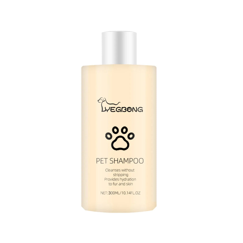 A bottle of mild pet shampoo for dogs and cats, available in 100ml and 300ml sizes.