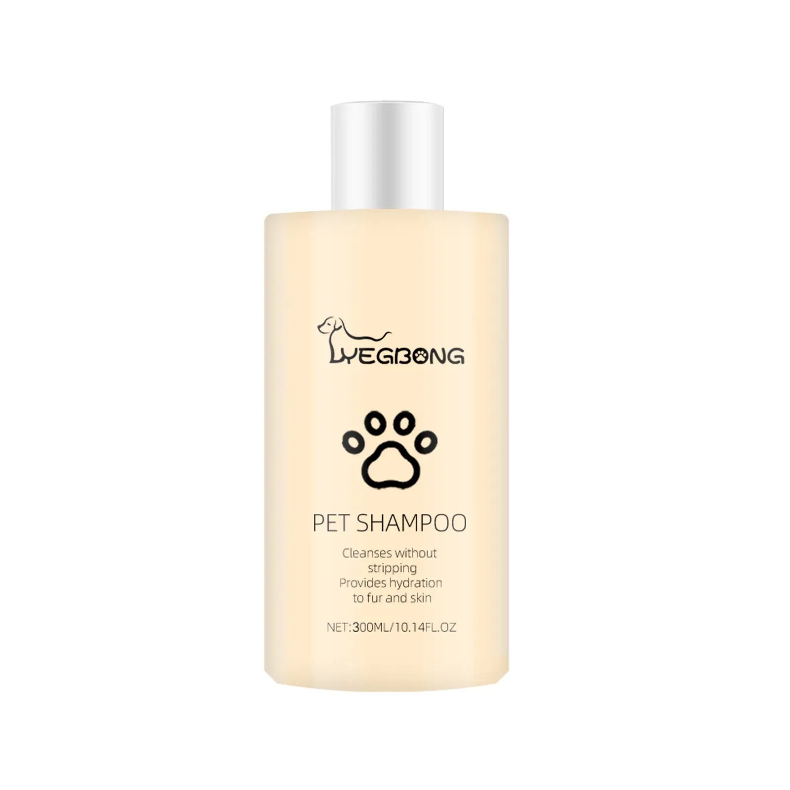 A bottle of mild pet shampoo for dogs and cats, available in 100ml and 300ml sizes.