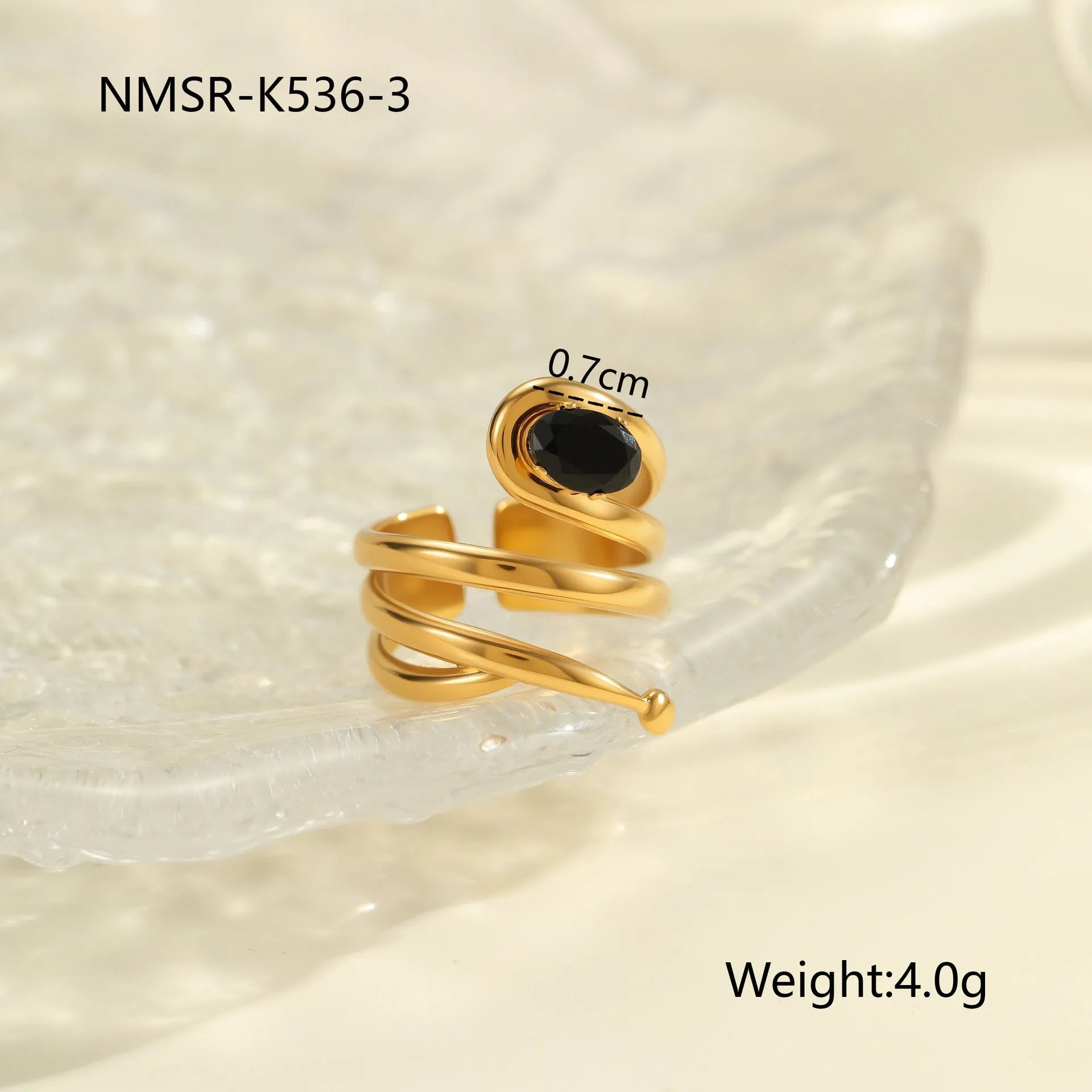 Geometric open mouth stainless steel ring with zircon stones and electroplated finish