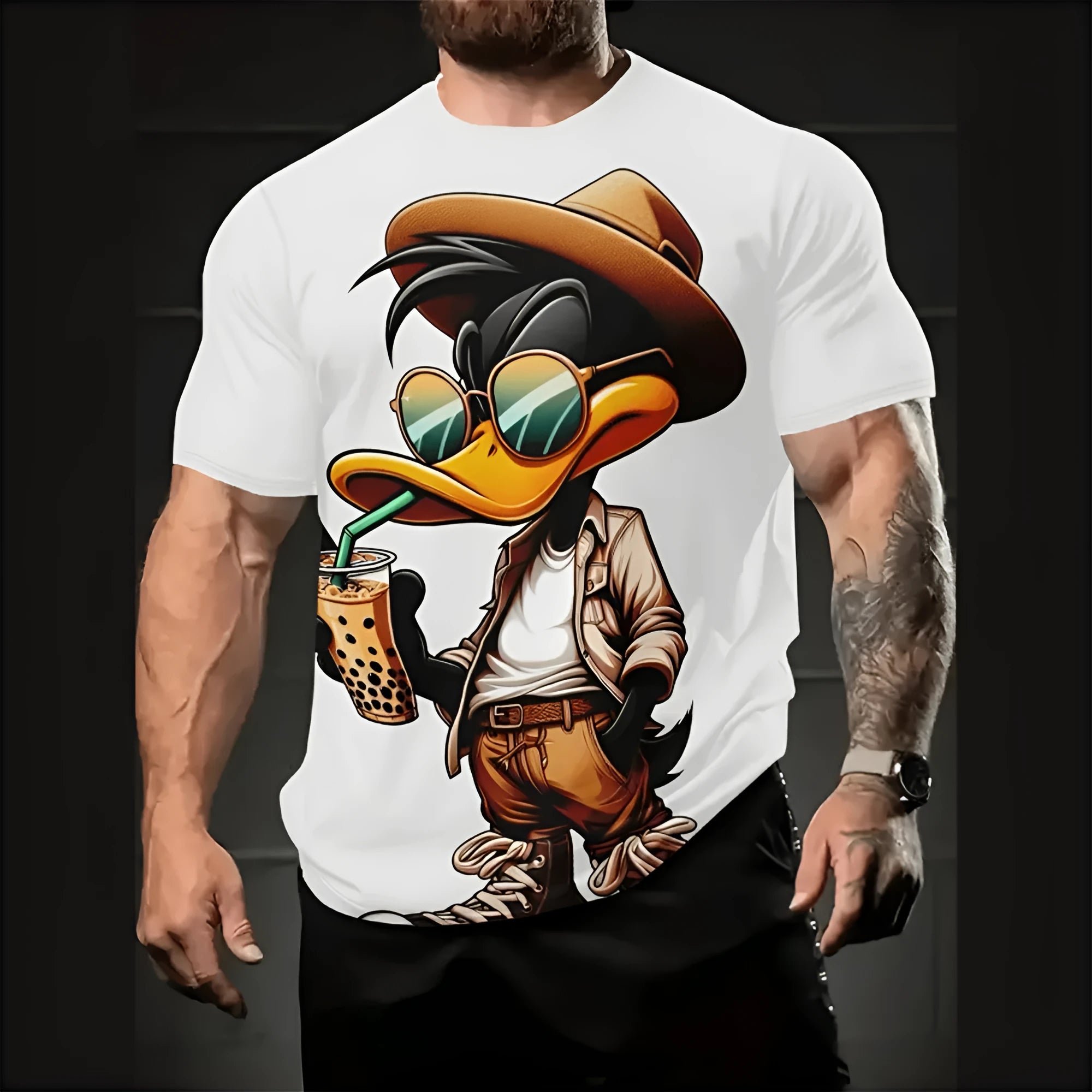 Men's loose fit cartoon 3D printed short sleeve T-shirt in milk silk linen blend fabric