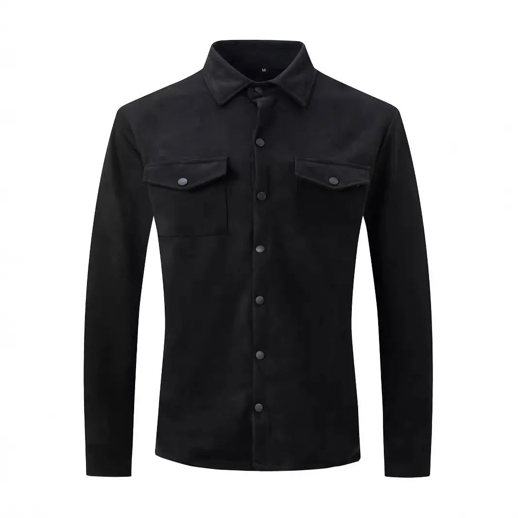 Men's turn-down collar casual jacket in solid colour with 3D patch pockets and loose fit