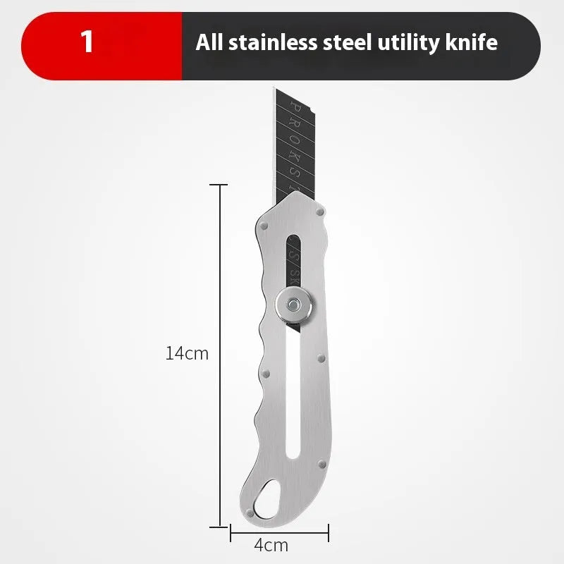 Stainless steel folding art knife with black blade and package of replacement blades