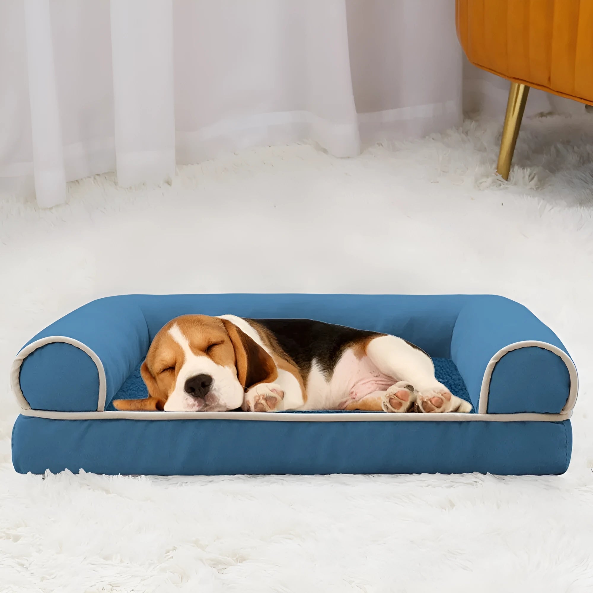 Square breathable dog bed with sponge filling and cloth cover, shown in a neutral colour.