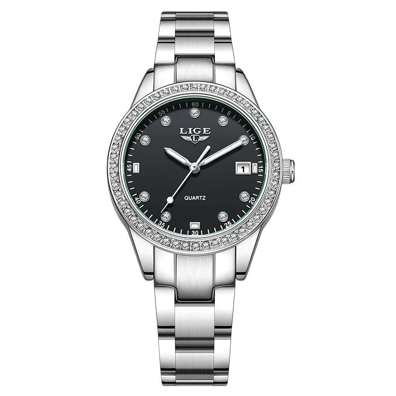 Fashion Girl quartz watch with diamond-encrusted bezel, silver stainless steel bracelet, round 34mm dial with luminous hands