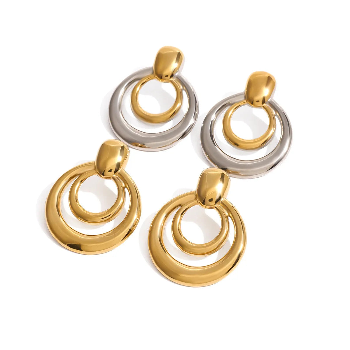 Golden round double layer hollow stud earrings with 18K gold electroplating on titanium steel