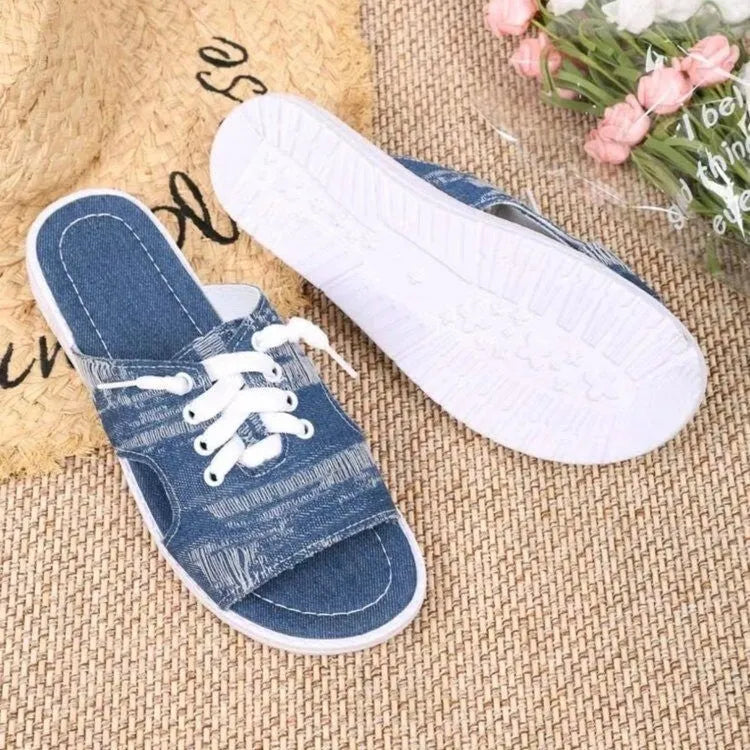 Blue women's flat canvas Roman slippers with a rubber sole, shown in size 36-43.