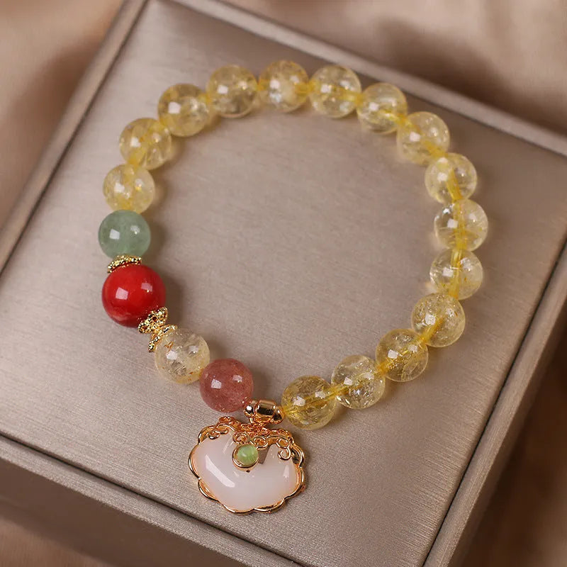 Women's natural citrine jade ruyi pendant bracelet with yellow hair crystal set in alloy metal