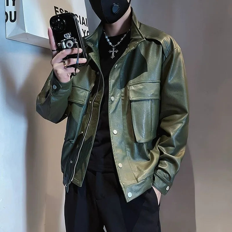 Men's black PU leather Korean-style pilot jacket with straight hem and side pockets.