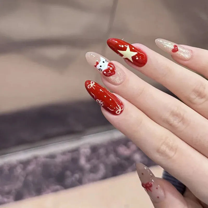 Set of sweet girl themed false nail tips with various designs for short to medium natural nails.