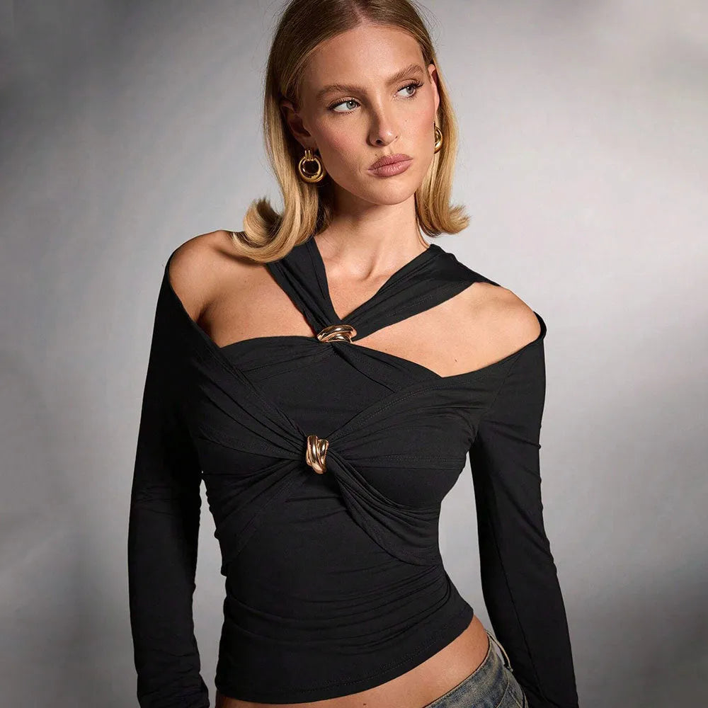Black women's halter top with long sleeves and shoulder-baring design for slim fit fashion wear
