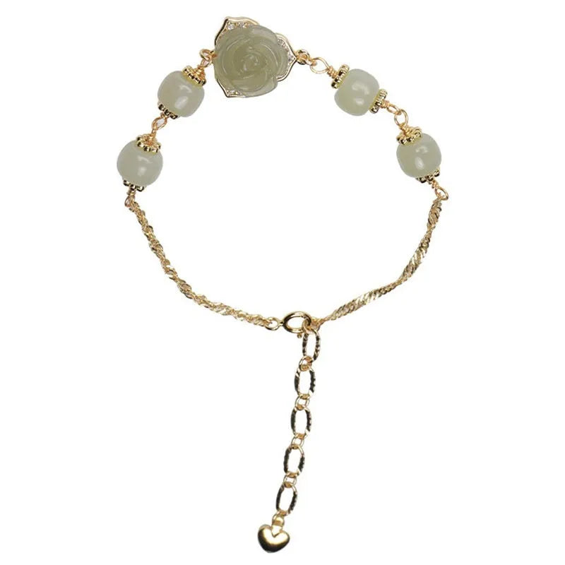 Handcrafted women's bracelet with Hetian Jade rose flower design and 14K gold gilded accents