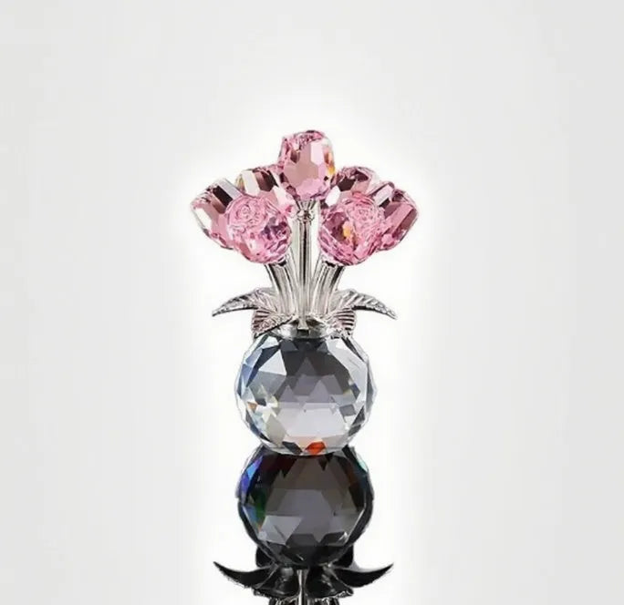 Handmade K9 crystal glass rose ornament in geometric Chinese style on a table.
