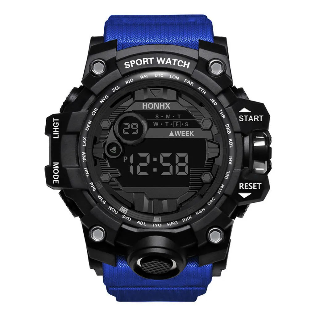 Men's student multi-function electronic watch 55mm round resin case PU strap luminous display sports style